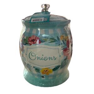 Pioneer Woman Onion Keeper Sweet Romance Floral Aqua Blue Gingham Ceramic Sealed